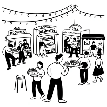 A live illustrator is positioned at an outdoor street food festival, intently sketching the bustling scene. Various food stalls display a variety of dishes, each with detailed signage showcasing the menu. People are gathered around, some holding plates filled with food while others are engaged in conversation. An array of food items such as skewers, tacos, and desserts are visible on tables. Decorative string lights hang overhead, creating an inviting atmosphere. The illustrator's notepad is filled with sketches of the vibrant activity happening around.