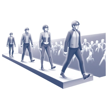 A runway is set up for a fashion show. Models are walking confidently down the catwalk, each wearing the latest BMW riding gear. The designs are sleek and modern, featuring various jackets, pants, gloves, and boots that reflect an advanced motorcycle culture. Some models are striking dynamic poses, while others engage with the audience, showcasing the functionality and style of the gear. The atmosphere is lively, with a crowd of attendees observing the presentation, capturing the essence of BMW Motorrad Days.