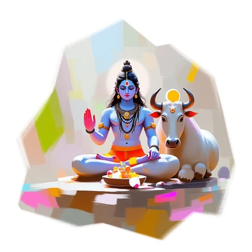 A serene depiction of "Shiva" sitting calmly, adorned with traditional attire and ornaments. His skin is a deep blue, symbolizing his cosmic nature, and his hair is elaborately styled, with a crescent moon resting in it. Beside him sits "Nandi," the sacred bull, with a strong, muscular build and a gentle expression. The scene captures Shiva's peaceful demeanor, embodying a sense of tranquility and strength. The background features lush greenery, enhancing the divine atmosphere surrounding them.