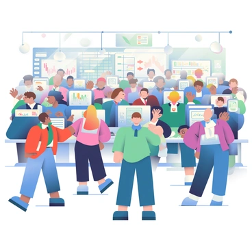A bustling stock market floor is filled with traders. Some traders are waving papers in the air, while others are intently focused on their computer screens. The floor is crowded with individuals wearing suits and ties, and there are large screens displaying stock prices and graphs. In the background, there are groups of traders engaged in animated discussions. The atmosphere is dynamic, with movement and energy as transactions take place.