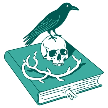 A teal vintage book cover features an intricately designed raven perched on top of a white skull. The raven has detailed feather patterns and sharp beak, while the skull shows cracks and texture. Surrounding the skull are twisted thorny vines in white, creating a stark contrast against the teal background. The composition is symmetrical, with the vines elegantly intertwining around the skull and raven, enhancing the overall ornate appearance of the book cover.