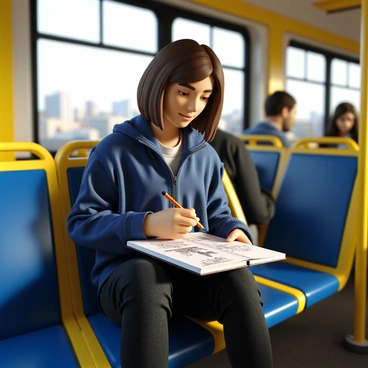 A person with medium-length brown hair is seated on a Portland tram, focused on drawing in a sketchbook resting on their lap. They are wearing a blue jacket and black jeans. The tram's interior features bright yellow and blue seats, with a few other passengers in the background engaged in their own activities. Sunlight filters through the windows, casting soft shadows across the sketchbook. The person is using a pencil to create detailed sketches of the tram's interior and the cityscape visible outside the window.