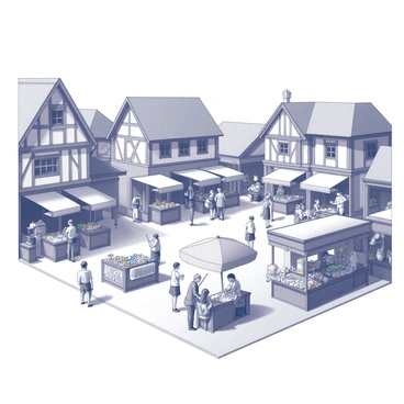 A medieval market square filled with activity. Numerous wooden stalls are set up, each displaying an array of goods such as fruits, vegetables, and handcrafted items. Vendors are engaged with customers, showcasing their wares and negotiating prices. Performers are entertaining the crowd, with a juggler balancing colorful objects and a musician playing a lute. Townsfolk are milling about, some carrying baskets while others engage in conversation. The architecture surrounding the square features timber-framed buildings with thatched roofs, adding to the lively atmosphere. The sky above is clear, enhancing the bustling scene below.