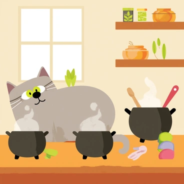 Mog the cat, a fluffy gray feline with large green eyes, is sitting contentedly on a wooden table in a cozy kitchen. The kitchen is adorned with warm, rustic elements, featuring wooden shelves filled with jars and herbs. Next to Mog, there are two bubbling cauldrons, one a dark green and the other a shiny copper, both emitting wisps of steam. Surrounding the cauldrons are various kitchen utensils, including a wooden spoon and a colorful pot holder. The atmosphere is inviting, with soft light coming through a window, casting gentle shadows around the room.