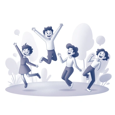 A scene filled with animated characters engaged in various activities. One character is jumping with arms raised, showcasing excitement. Another character, with a wide smile, is dancing, while a third character is laughing heartily, hands on their hips. In the background, there are whimsical elements like oversized flowers and exaggerated trees, adding to the sense of movement and joy. Each character has distinctive facial expressions that convey their personality, making the scene feel dynamic and full of life.