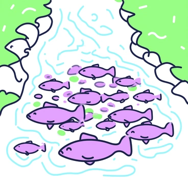 A large school of fish is swimming upstream in a river characterized by a powerful current. The fish are depicted in dynamic motion, creating ripples in the water as they navigate against the flow. The riverbanks are lined with rocks and greenery, adding to the natural setting. Above the fish, bubbles rise to the surface, illustrating the force of the current. In the foreground, sunlight filters through the water, illuminating the fish and enhancing the sense of movement.