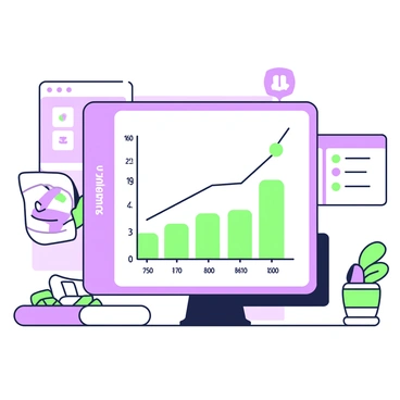 A business chart is displayed on a screen, illustrating trends related to "inforce illustration request form submissions." The chart features a vertical axis labeled with numerical values and a horizontal axis labeled with time intervals. Multiple lines traverse the chart, each representing different categories of submissions, with distinct colors. Data points are marked along the lines, and a legend identifying each category is positioned in the corner. In the background, a modern office environment is visible, with a desk and a few office supplies scattered around.