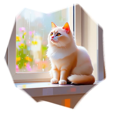 A fluffy Persian cat with long, silky fur in shades of cream and gold sits on a windowsill. Its large, expressive eyes are intently focused on the raindrops as they trickle down the glass pane. The soft, warm light from outside reflects off the wet surface, highlighting the cat's features. The background shows a blurred garden scene, with greenery visible through the rain-streaked window. The atmosphere conveys a cozy, tranquil moment as the cat observes the rain.