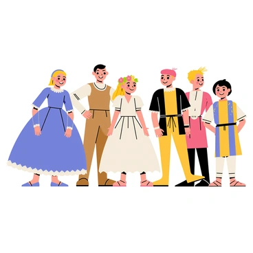 A group of children dressed in historical costumes from different eras stands together. One child is wearing a vibrant blue dress with lace trim, representing the Victorian era. Another child is in a brown tunic and leggings, depicting a medieval knight. A girl wears a flowing white gown with a floral crown, reflecting ancient Greek style. Nearby, a boy showcases a colorful outfit from the Renaissance, complete with a feathered cap. The children are smiling and posing, each showcasing their unique style and era.