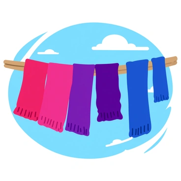 A collection of knitted scarves in berry colors, featuring shades of red, purple, and blue, is hanging on a clothesline outside. The scarves are gently swaying in the breeze, showcasing their textured knit patterns. The clothesline is strung between two wooden posts, and the background includes a clear blue sky and a few fluffy white clouds. Sunlight is casting soft shadows on the scarves, highlighting their vibrant colors.