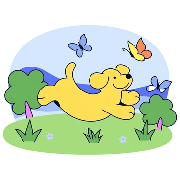 A playful puppy with fluffy golden fur is joyfully chasing colorful butterflies. The puppy has its ears flopping and a wagging tail as it leaps through the air. Surrounding the puppy is a vibrant green park filled with lush grass and a few scattered wildflowers. The butterflies are fluttering in various shades of blue, yellow, and orange, adding movement to the scene. In the background, there are soft hills under a clear blue sky.