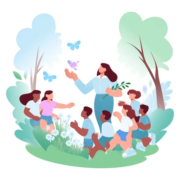 A teacher with shoulder-length hair is walking through a lush green forest, surrounded by a group of children. The teacher is wearing a light-colored shirt and holding a branch while pointing towards a colorful bird perched nearby. The children, dressed in various vibrant shirts and shorts, are looking up with curiosity, some are crouched down observing a cluster of wildflowers. The background features tall trees with a mix of green foliage and sunlight filtering through the leaves, creating a serene atmosphere. A few butterflies are fluttering around, adding to the lively scene.