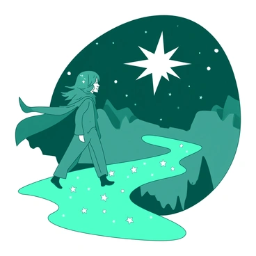 A teal magical explorer with a flowing cloak is walking carefully along a shimmering path made of glowing stars. The stars illuminate the surroundings, creating a pathway that twists and turns beneath the explorer's feet. Above, a white celestial guide in the shape of a radiant star is visible in the night sky, surrounded by a cluster of smaller stars. The explorer gazes upward, captivated by the guide's light, while a gentle breeze lifts the edges of the cloak, adding a sense of motion to the scene.