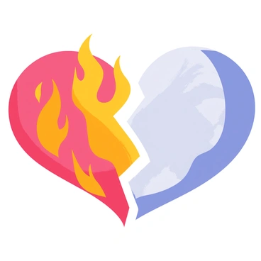 A heart split into two equal halves. The left side is vibrant with flames, showcasing bright orange and red hues, with flickering tongues of fire. The right side is encased in ice, displaying a smooth, translucent surface with shades of blue and white, featuring intricate frost patterns. The two halves are clearly defined, emphasizing the contrast between the heat of the flames and the chill of the ice.