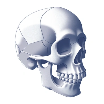 A skull formed from a variety of abstract, geometric shapes. The skull is depicted with a combination of angular and curved lines, creating a striking silhouette. Different polygons, such as triangles and squares, are arranged intricately to define the contours of the skull. Some sections are more prominent, showcasing the cheekbones and jawline, while others create a sense of depth and dimension. The eye sockets are hollow, framed by sharp edges, enhancing the skull's enigmatic appearance. The overall composition suggests a fusion of organic and geometric forms, resulting in a unique representation of a skull.