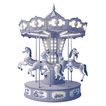 A close-up view of a vintage carousel featuring intricately painted horses and animals. Each horse displays detailed craftsmanship with flowing manes and ornate saddle decorations. The animals include various species, such as a lion and a giraffe, all painted with elaborate patterns and embellishments. The carousel itself is adorned with decorative elements such as golden accents and intricate carvings on the base. Bright lights encircle the top of the carousel, adding to the festive atmosphere. The scene captures the intricate artistry and whimsy of the carousel design.