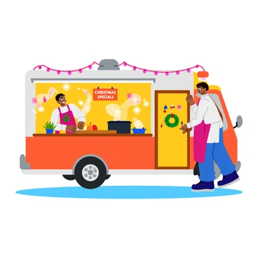 A chef wearing a "reindeer" apron is busily preparing "Christmas dinners" inside a cozy food truck. The food truck is decorated with festive lights and a small wreath hangs on the door. Inside, the chef is chopping colorful vegetables on a wooden cutting board, with pots simmering on the stove emitting steam. Various holiday decorations, like snowflakes and small ornaments, adorn the walls of the food truck, adding to the warm atmosphere. A sign on the counter displays "Christmas Specials" in bold letters, inviting customers to enjoy the seasonal offerings.