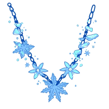 A duotone illustration of a winter-themed necklace. The necklace is embellished with intricate "snowflake" designs and shimmering "ice crystals" that reflect light. Each snowflake is unique in shape and size, creating a delicate and frosty appearance. The chain of the necklace is elegantly intertwined, enhancing the overall winter aesthetic. There are tiny "diamonds" scattered among the ice crystals, adding a touch of sparkle to the design.