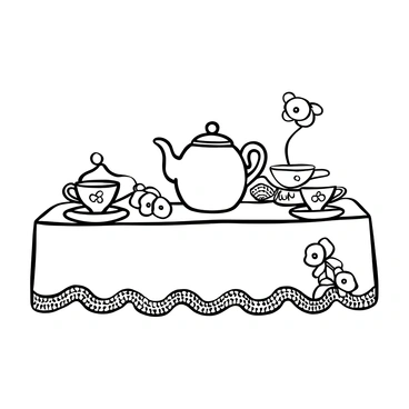 A delicate tea set displayed elegantly on a lace tablecloth. The set includes a teapot and several cups, each adorned with intricate "cherry" designs. The teapot is positioned at the center, with a gracefully curved handle and spout. The cups are arranged around the teapot, showcasing their matching designs. A small, ornate sugar bowl sits beside the teapot, completing the composition. A few cherry blossoms are scattered across the tablecloth, adding to the overall theme.