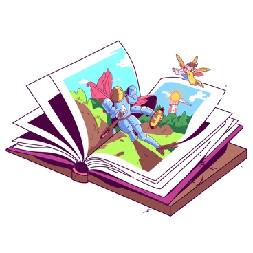 An open book is resting on a wooden table, with pages fanned out to reveal intricate illustrations. Colorful characters, including a brave knight and a whimsical fairy, appear to be leaping from the pages. These characters are surrounded by vibrant scenes, such as enchanted forests and majestic castles, depicted in rich detail. The illustrations seem to flow outward, blending with the surrounding space, creating a magical atmosphere where the stories come alive. The background consists of soft, blurred colors that enhance the focus on the book and its illustrations.
