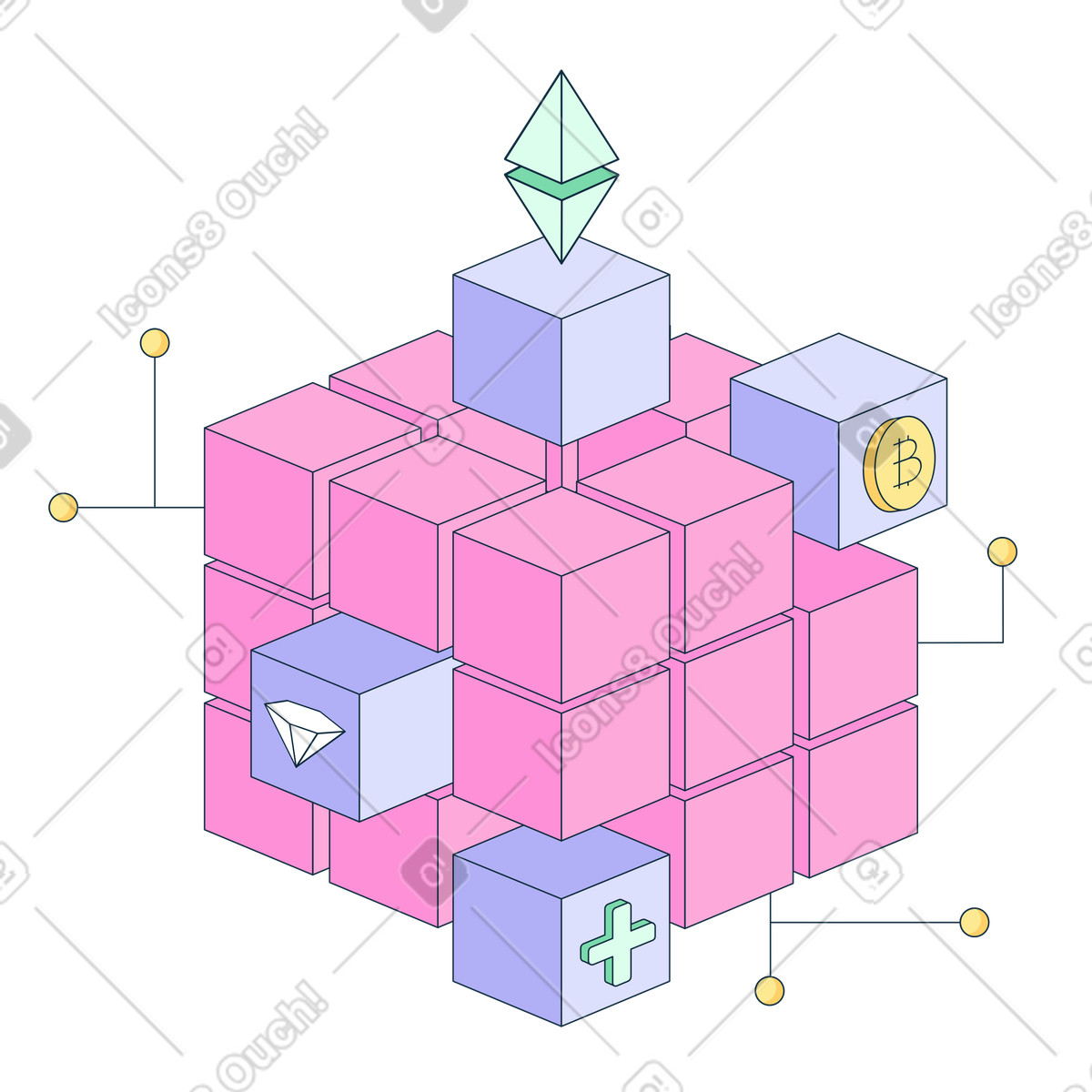 Finance and cryptocurrency blocks in a cube illustration in PNG, SVG