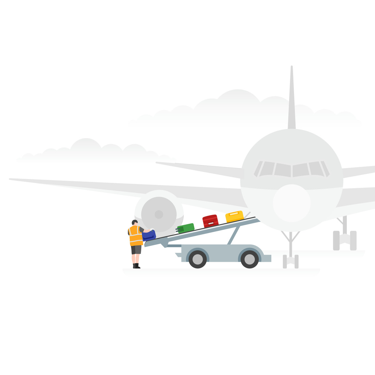 下载 Fogg 风格的 A man unloading luggage from an airplane 插画，支持 PNG、SVG 格式