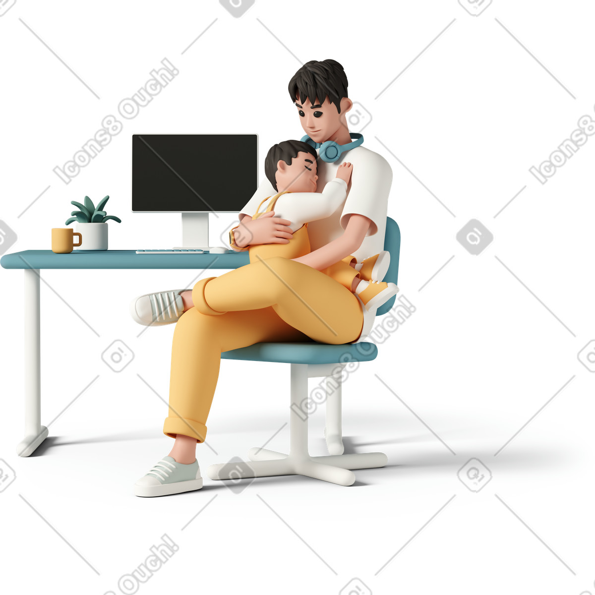 Ilustración Padre abrazando a su bebé mientras está sentado en una silla la computadora estilo 3D Casual life descargar PNG y SVG
