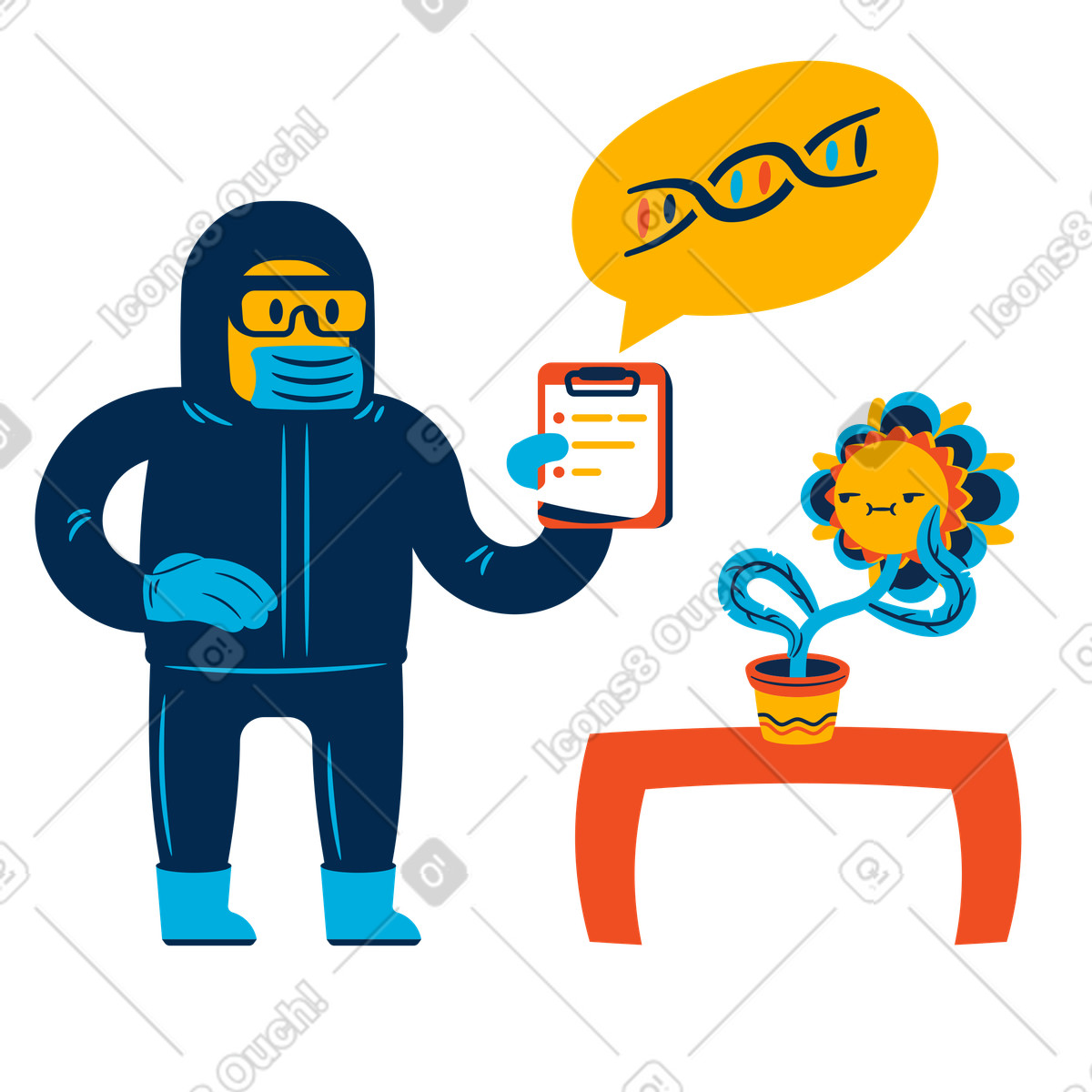 下载 Flame 风格的 科学家对一种奇怪的植物进行 dna 研究 插画，支持 PNG、SVG 格式