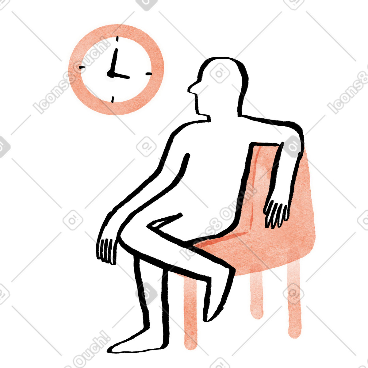 Person sitting on chair watching clock, Patience and time management animated illustration in Hand-drawn animation style download in GIF, Lottie (JSON), AE