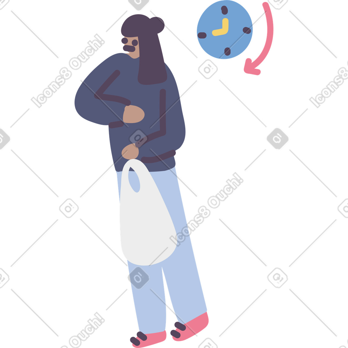 Shopper standing by clock, Come back later or time management issue illustration in Pluto style download in PNG, SVG