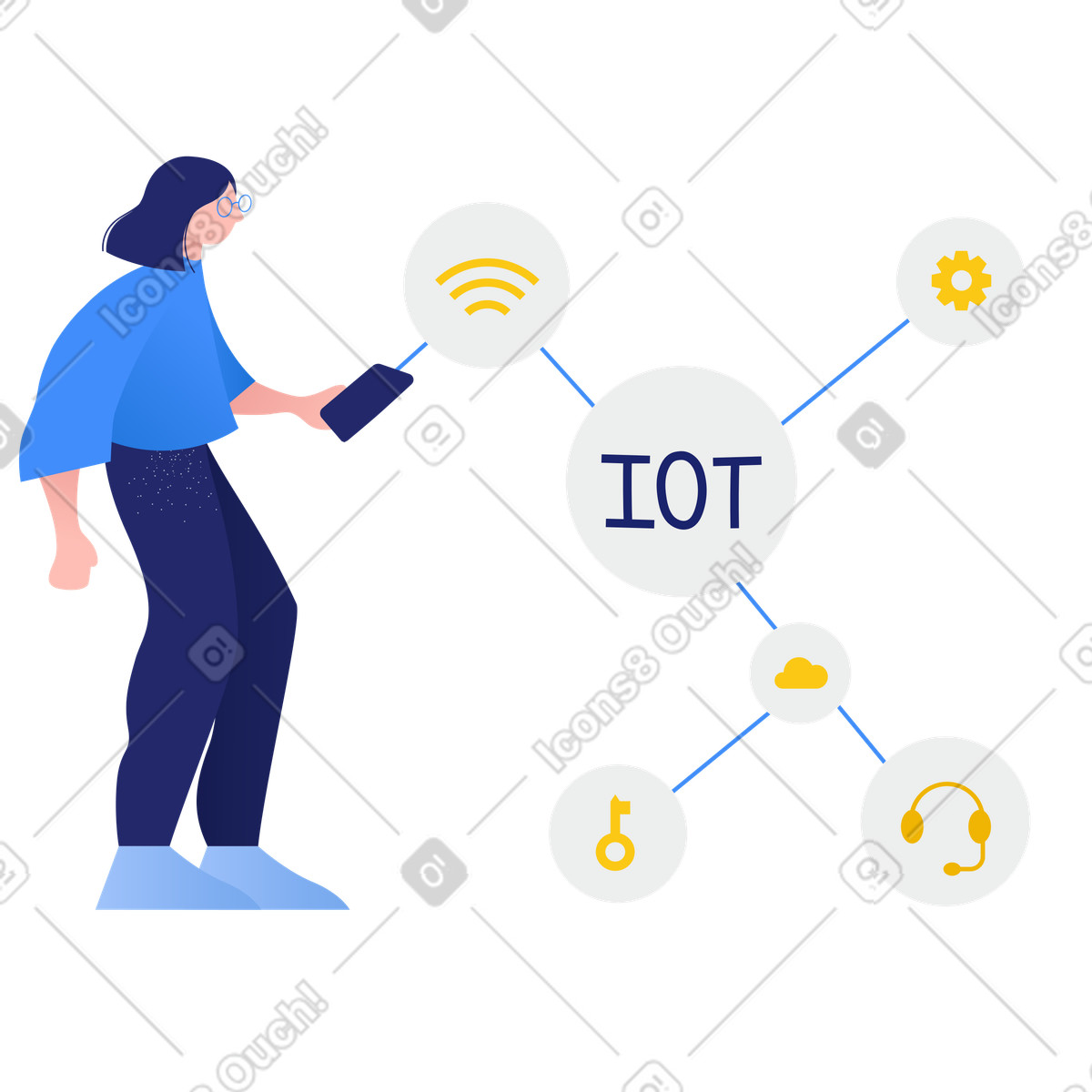 Ilustración Mujer conectándose a la red iot por teléfono en estilo Clip descargar en PNG y SVG