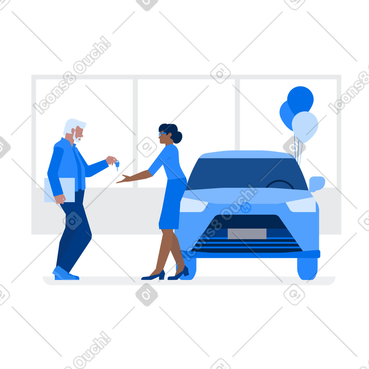 Il venditore di una concessionaria auto sesso maschile fornisce le chiavi dell'auto a cliente femminile illustrazione in stile Urban scarica in PNG, SVG