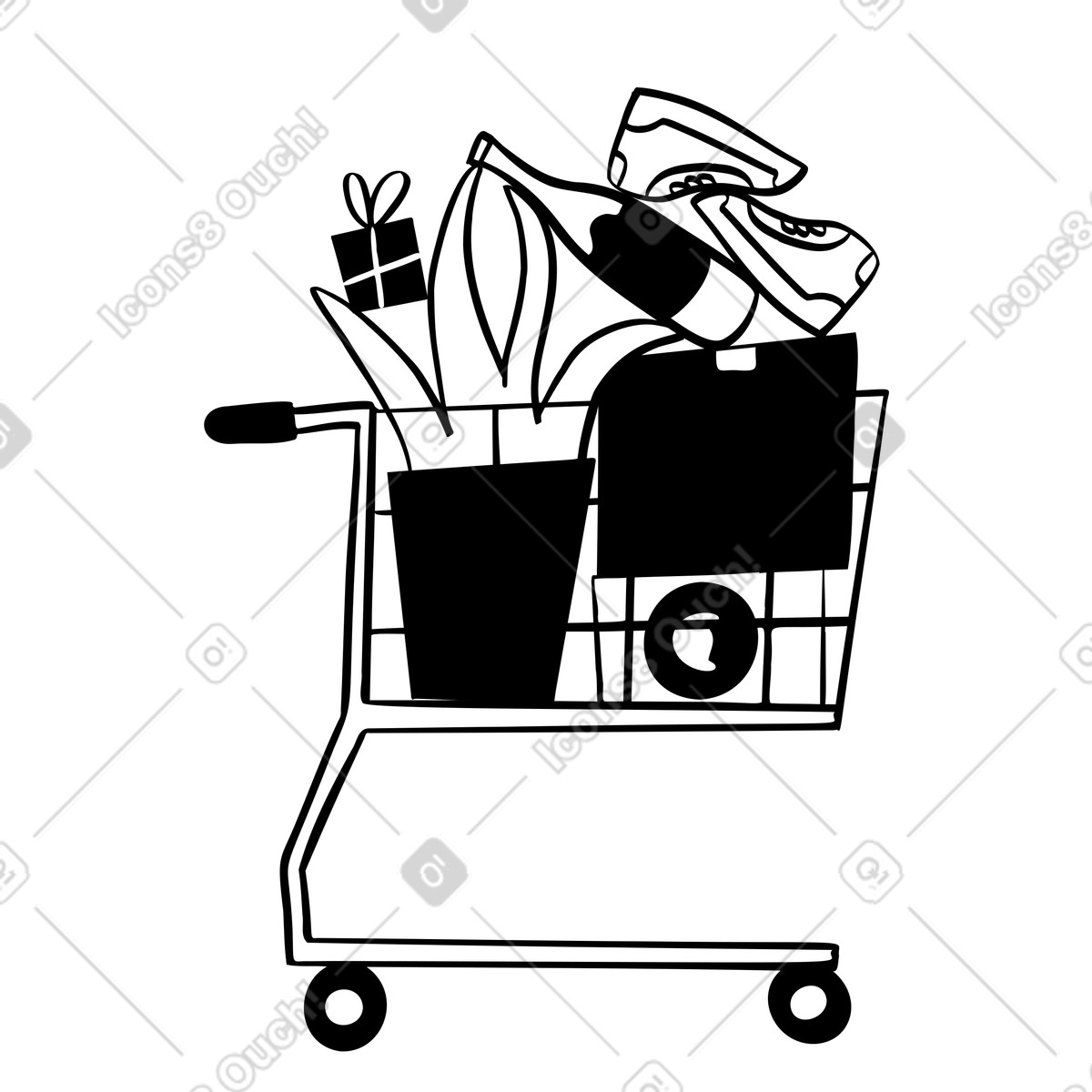 Ilustración Carrito de compras lleno diferentes artículos en estilo Journal a descargar en PNG y SVG