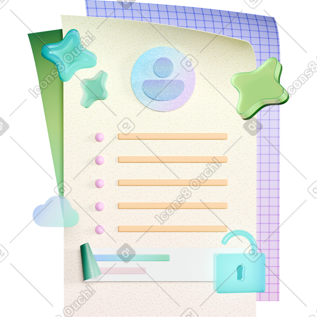 3D Business スタイルの Document profile form with unlock padlock and colorful security elements のイラストをPNG、SVG形式でダウンロード
