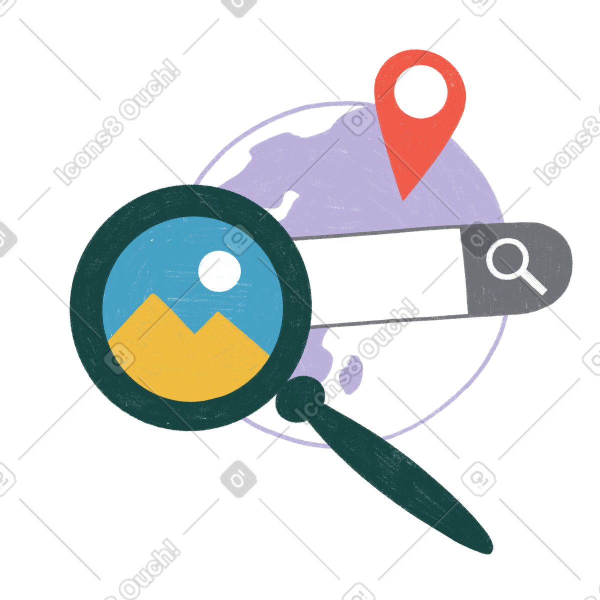 Illustration Recherche d'emplacement avec une loupe dans le style Tutti à télécharger aux formats PNG, SVG