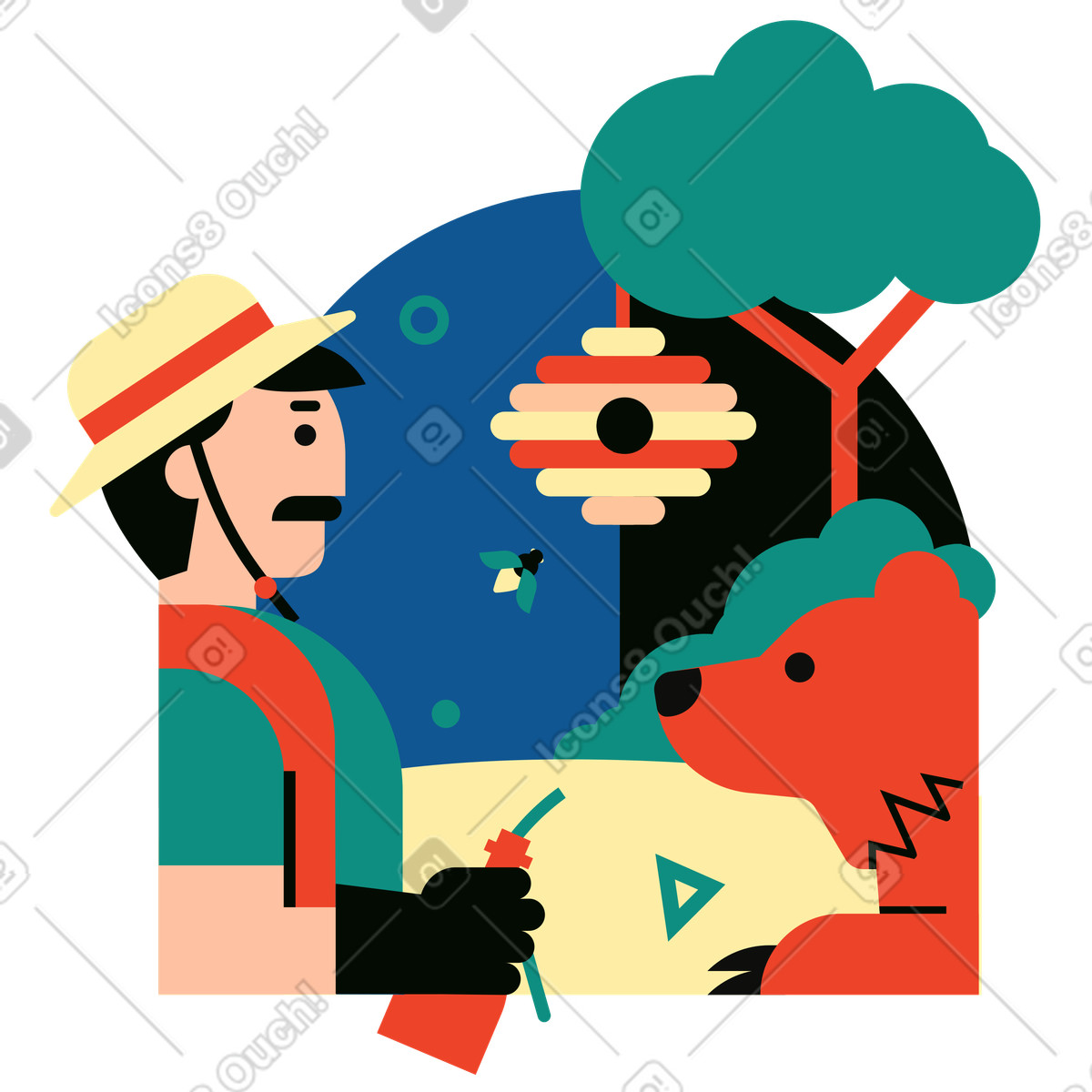 Illustration Beekeeper encountering bear, Unexpected meeting concept dans le style Polar à télécharger aux formats PNG, SVG