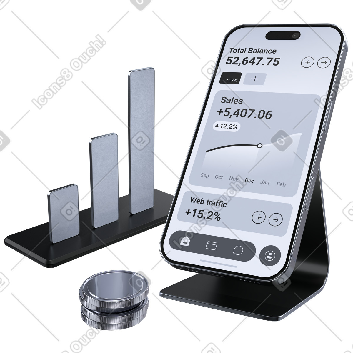 Mobile finance dashboard, Sales analytics app, Business growth metrics illustration in 3D Pro style download in PNG, SVG