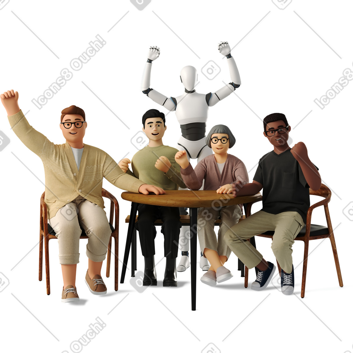 Ilustración Joyful corporate team and humanoid robot at table en estilo 3D Business a descargar en PNG y SVG