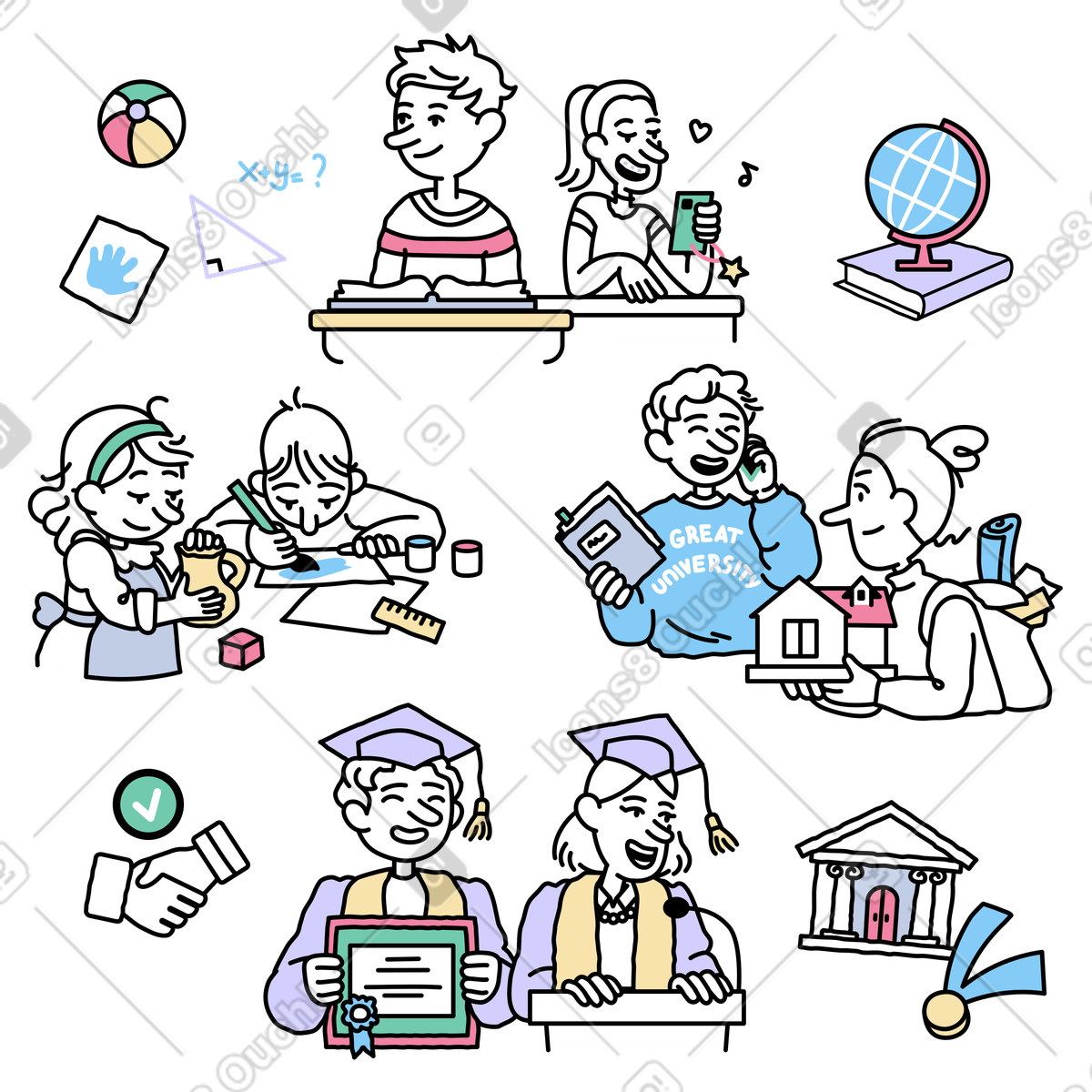 Stages of people's education illustration in Notes style download in PNG, SVG
