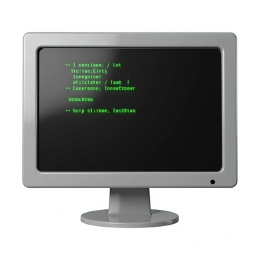 A close-up view of a monochrome computer screen displaying a DOS interface. The screen shows a dark background with bright green text, typical of classic computing aesthetics. There are command lines and folders listed prominently, alongside a blinking cursor indicating readiness for input. The edges of the screen are slightly rounded, and reflections can be seen on the glass surface, enhancing the retro appearance. The monitor frame is a simple design, emphasizing the focus on the displayed information.