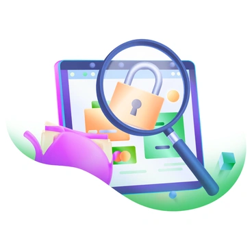 A modern pastel illustration featuring a large "magnifying glass" examining a "digital padlock." The padlock is positioned centrally above a "payment screen" displaying various payment icons such as credit cards and a wallet. The background incorporates soft pastel colors, enhancing the focus on these elements. The magnifying glass has a sleek handle and highlights the details of the padlock, emphasizing its digital features.