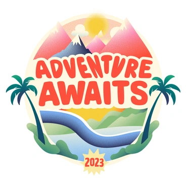 A vintage-style poster features bold typography displaying the words "Adventure Awaits" prominently in the center. The background is filled with vibrant colors, including shades of red, orange, and yellow, evoking a sense of excitement. Surrounding the text are illustrations of iconic landmarks such as a mountain range and a winding river. Flanking the sides of the poster are stylized palm trees, adding a tropical feel. A small starburst graphic in the lower corner highlights the year "2023." The overall design has a slight texture, giving it an authentic vintage appearance.