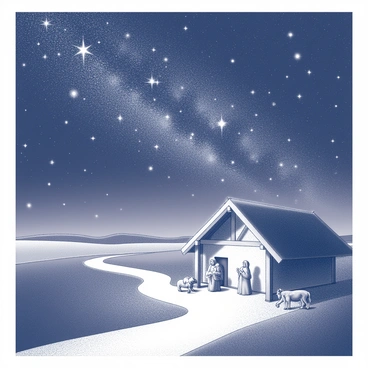 A vast night sky filled with countless stars twinkling brightly. The scene focuses on the celestial display above a small, humble town. Below, a winding path runs through the landscape, leading towards a stable where the Holy Family is gathered. The path is illuminated by the light of the stars, creating a guiding trail that draws the eye toward the center of the scene. The stable is depicted simply, with wooden beams and a thatched roof. In the stable, the figures of Mary, Joseph, and the baby Jesus can be seen, surrounded by soft straw and a few animals. The overall composition conveys a sense of peace and reverence.