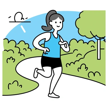 A person wearing a bright blue tank top and black running shorts is taking a break from jogging on a winding trail. The individual is performing hip circles with a focused expression. Surrounding them is a lush green landscape filled with trees and shrubs. The sun is shining through the leaves, casting dappled light on the ground. In the background, a clear blue sky can be seen, enhancing the feeling of being in nature.