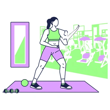 An athlete is demonstrating pelvic floor exercises in a gym setting. The athlete, wearing a fitted athletic shirt and shorts, is positioned on a yoga mat. To their left, a set of dumbbells rests on the floor, while a stability ball is placed nearby. The lighting in the gym illuminates a mirror on the wall, reflecting the athlete's focused expression. In the background, various gym equipment such as treadmills and stationary bikes are arranged neatly, suggesting an active training environment.