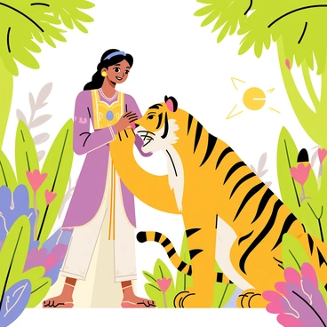 Jasmine is standing in the lush palace gardens, surrounded by vibrant green plants and colorful flowers. She is wearing a flowing, intricately designed outfit with rich colors. Beside her is Rajah, a large, majestic tiger with a sleek orange coat and distinct black stripes. Rajah is playfully nuzzling Jasmine, showing affection. Jasmine has a joyful expression on her face as she reaches out to pet Rajah. The sun is shining brightly, casting soft shadows from the trees around them.