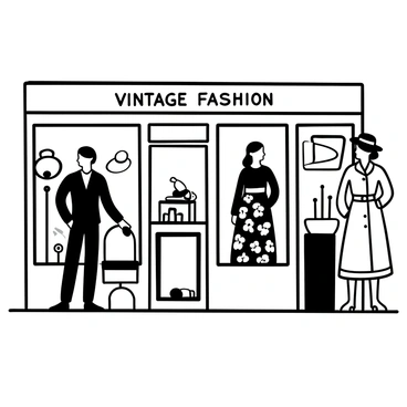 A charming boutique with large windows displaying a variety of clothing. Mannequins inside the boutique are dressed in elegant 1940s attire, including a tailored suit, a floral dress with a cinched waist, and a classic trench coat. Stylish accessories, such as hats and gloves, are also on display on the mannequins. The boutique's interior is decorated with vintage furnishings, including a wooden counter and ornate mirrors. A sign reading "Vintage Fashion" hangs above the entrance.