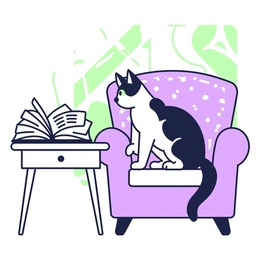 A black-and-white cat is sitting on a comfy chair next to an open book. The chair is upholstered with a textured fabric, giving it a cozy appearance. The book lies on a small side table beside the chair, displaying pages filled with text. The cat is looking curiously at the book, with one paw resting gently on the edge of the table. Soft sunlight filters in, creating a warm atmosphere in the scene.