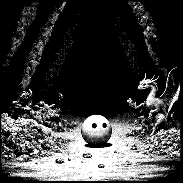 Pac-Man is depicted in a dark, cavernous dragon's cave. His circular shape is prominent as he moves along a rocky pathway. The cave is filled with piles of gold coins and shining jewels scattered across the ground. Various mystical creatures, such as small dragons with intricate scales and ethereal beings with delicate wings, are seen curiously observing Pac-Man from behind the treasure. The cave walls are rough and uneven, creating an immersive environment for the exploration.
