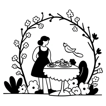 A girl wearing a vintage dress is standing at a small table set for tea in a garden. The table is adorned with a delicate tablecloth and features an assortment of elegant tea cups and a teapot. Surrounding the table are various pastries and sandwiches displayed on serving plates. The garden is filled with blooming flowers in various shapes and sizes, providing a vibrant backdrop. A whimsical archway made of intertwined branches and flowers frames the setting. A small bird perched on a nearby branch adds a touch of liveliness to the scene.